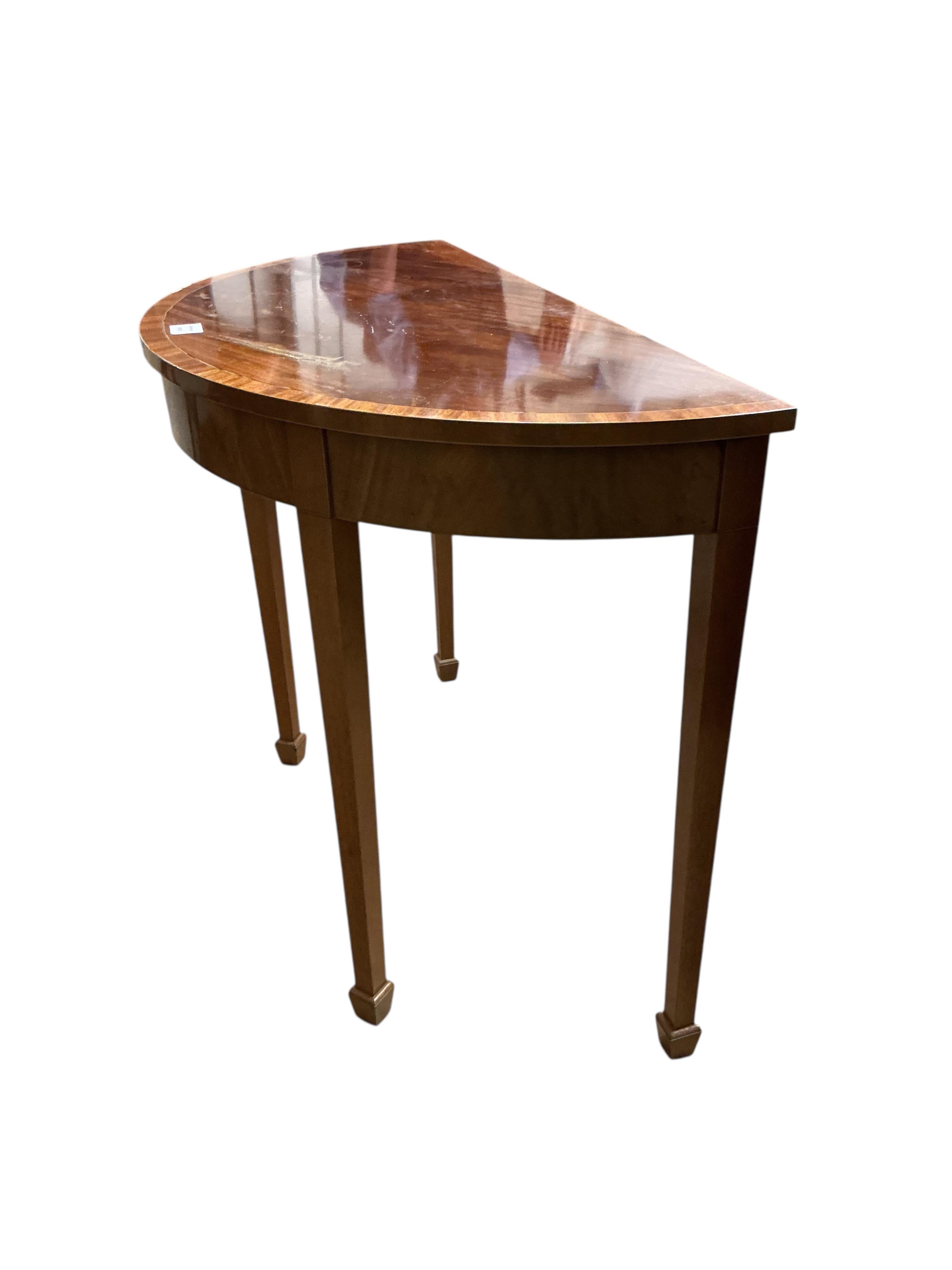 A George III style banded mahogany demi-lune side table, width 92cm, depth 46cm, height 74cm